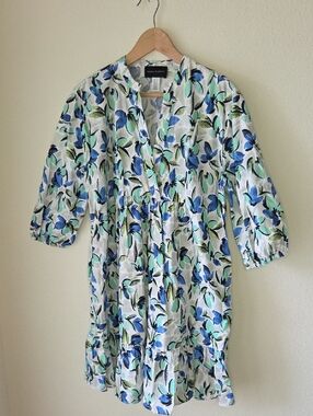 Donna Morgan White Cotton Dress Blue & Green Print Oversized Babydoll Sz 8